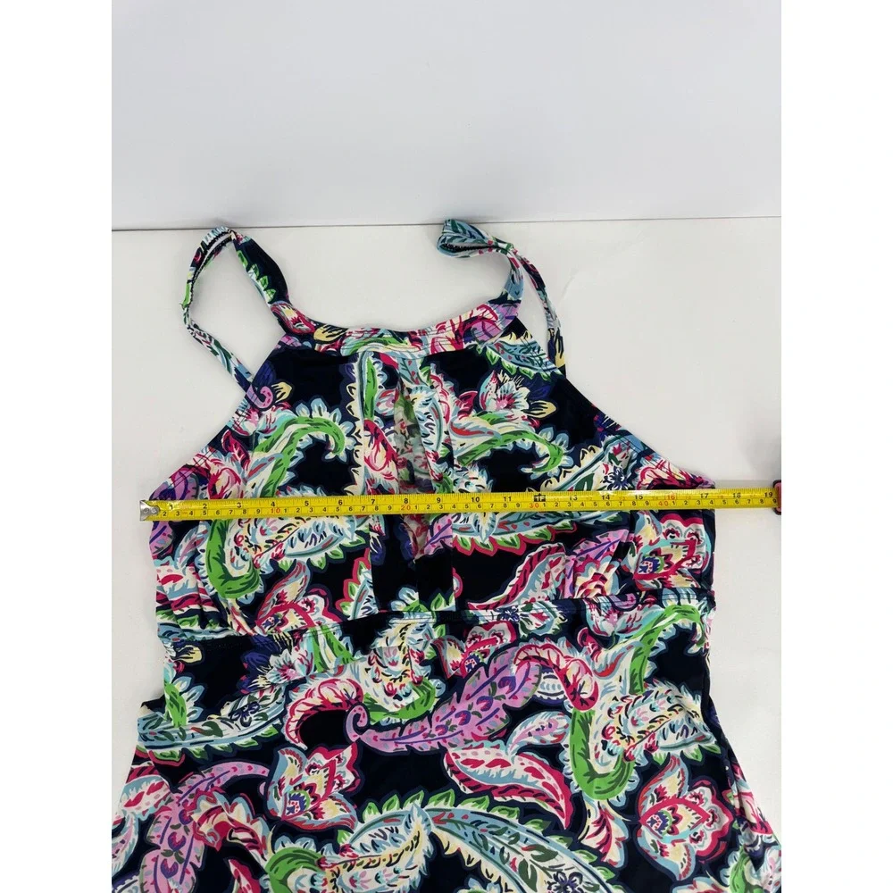 Liz Claiborne Sz XXL Paisley Floral Halter Tankini Swim Top Keyhole Navy Blue